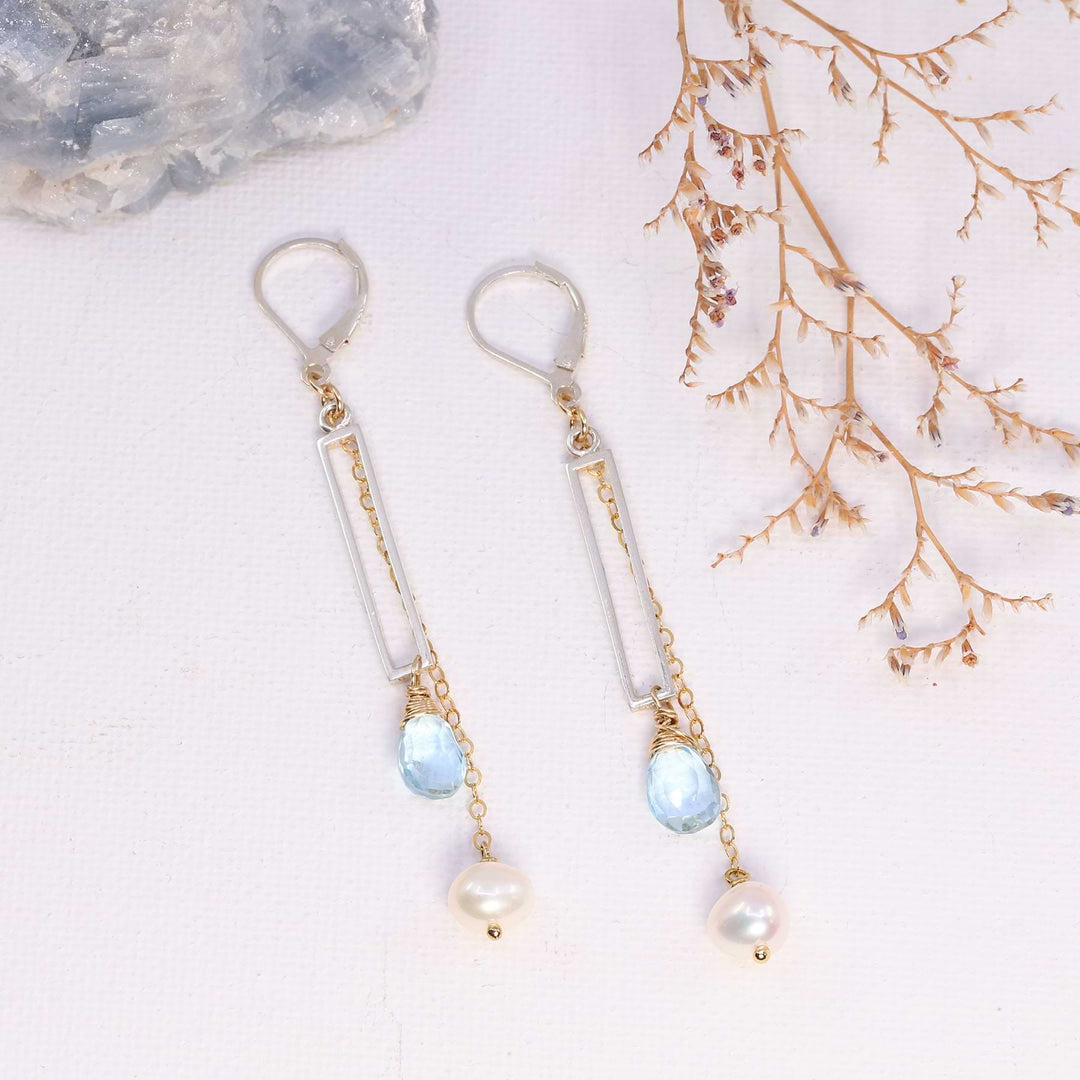 Sky and the Sea - Blue Topaz and Pearl Silver Drop Earrings alt image | Breathe Autumn Rain Artisan Jewelry