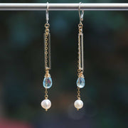 Sky and the Sea - Blue Topaz and Pearl Silver Drop Earrings main image | Breathe Autumn Rain Artisan Jewelry
