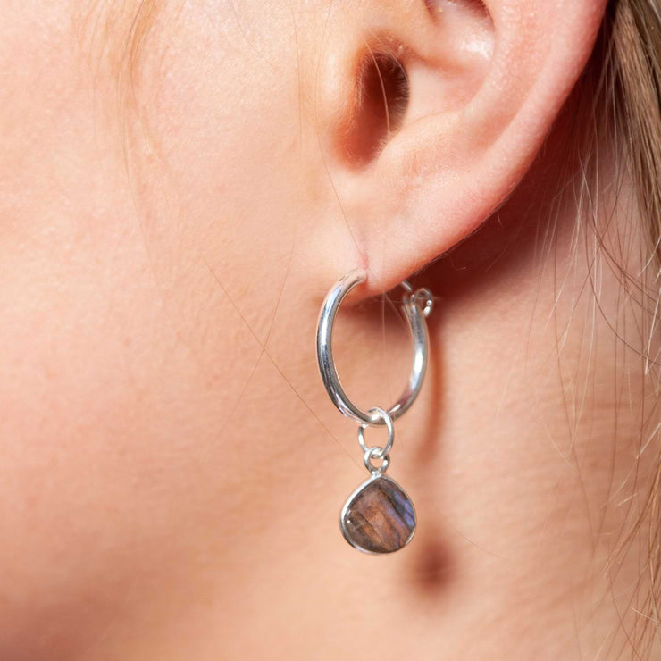 Sky - Mini Silver Hoop Labradorite Earrings life style image | Breathe Autumn Rain Artisan Jewelry