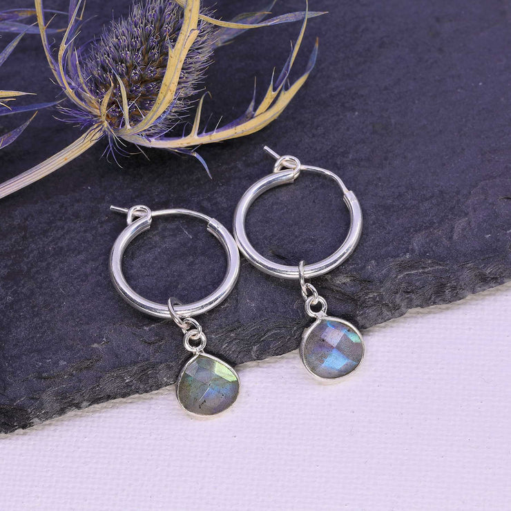 Sky - Mini Silver Hoop Labradorite Earrings main image | Breathe Autumn Rain Artisan Jewelry