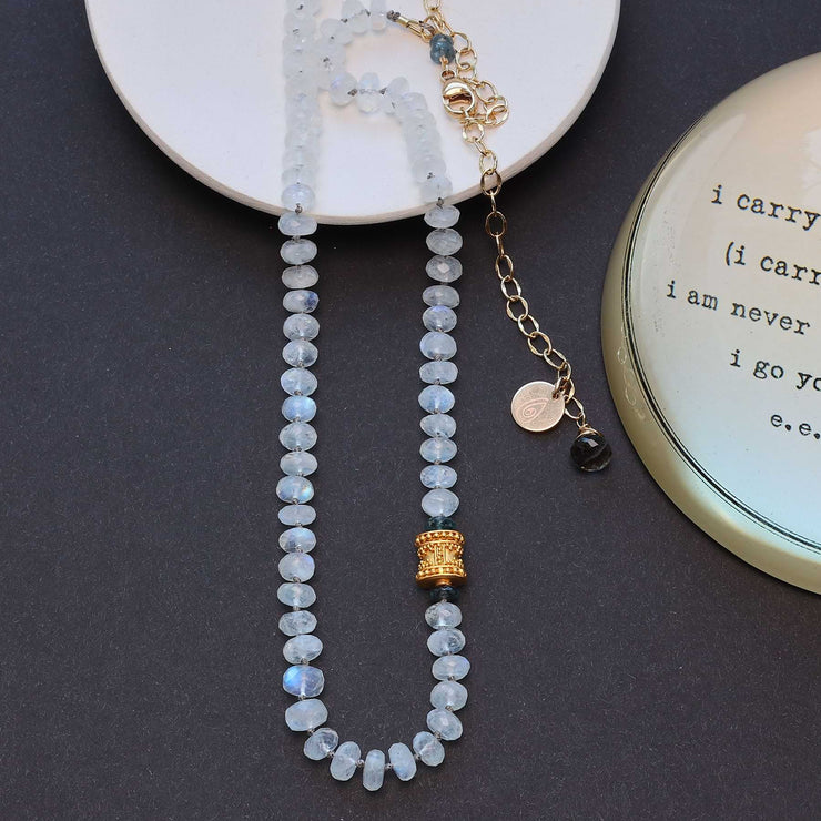 Skylar - Rainbow Moonstone and Kyanite Necklace closeup image | Breathe Autumn Rain Artisan Jewelry