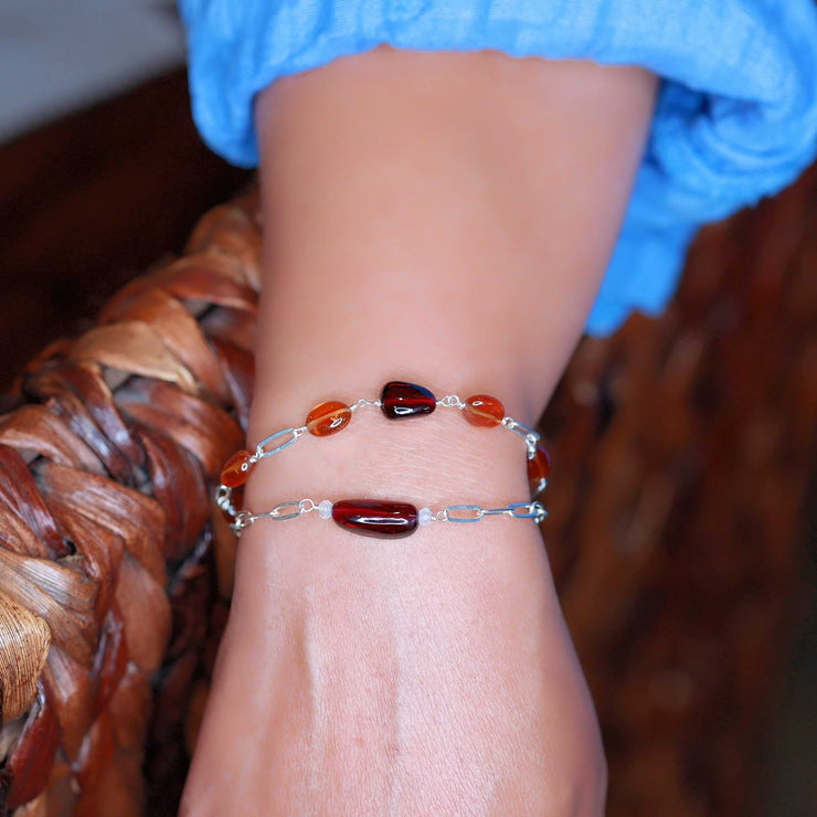 Sophia - Organic Mozambique Garnet Sterling Silver Chain Bracelet life style stacked image | Breathe Autumn Rain Artisan Jewelry