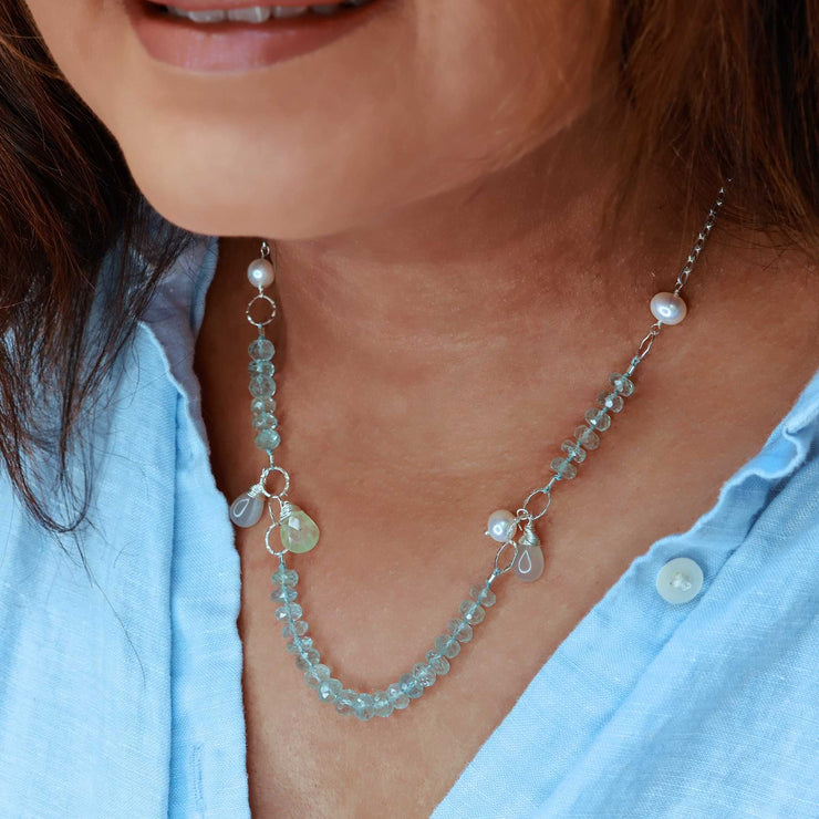 Sora - Aquamarine Multi Gemstone Silver Necklace life style image | Breathe Autumn Rain Artisan Jewelry