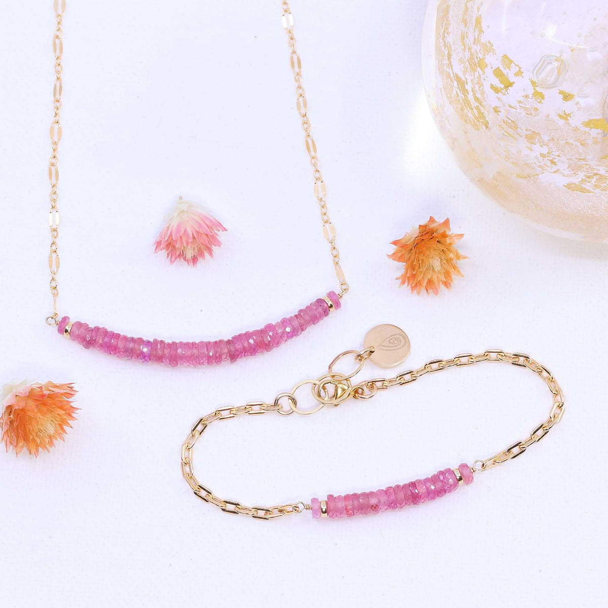 Sorbets in Summer - Pink Sapphire Gold Stacking Bracelet and matching Necklace image | Breathe Autumn Rain Artisan Jewelry