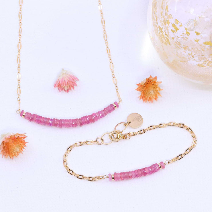 Sorbets in Summer - Pink Sapphire Gold Stacking Bracelet and matching Necklace image | Breathe Autumn Rain Artisan Jewelry