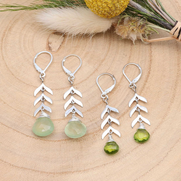 Sprouts - Silver Leaves and Green Gemstone Earrings