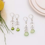 Sprouts - Silver Leaves and Green Gemstone Earrings