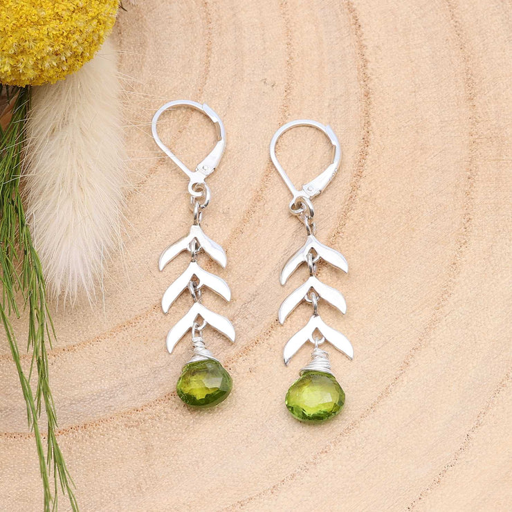 Sprouts - Silver Leaves and Green Gemstone Earrings