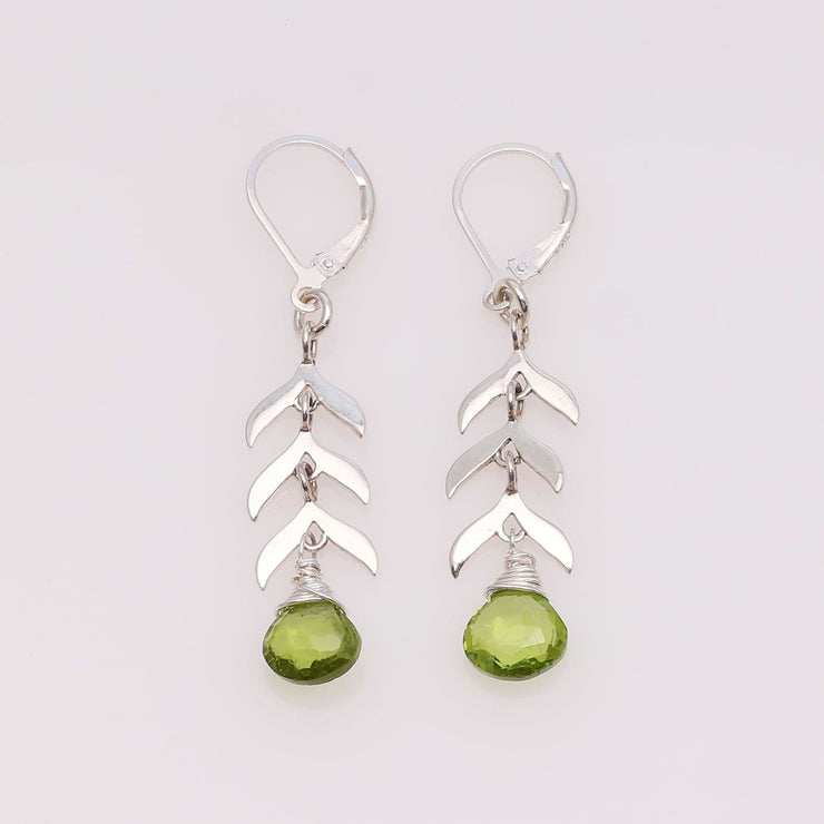 Sprouts - Silver Leaves and Green Gemstone Earrings