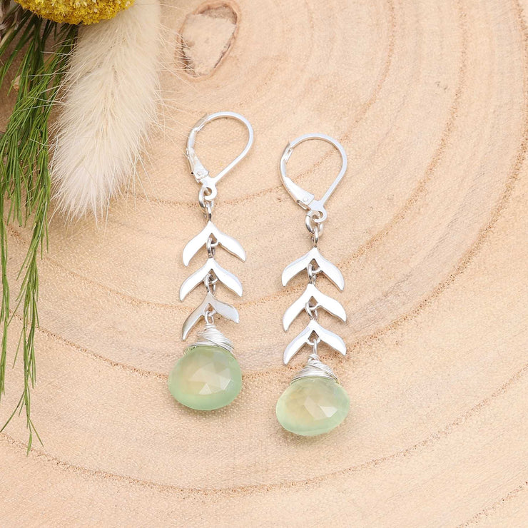 Sprouts - Silver Leaves and Green Gemstone Earrings