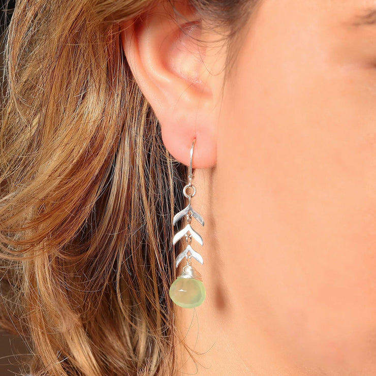 Sprouts - Silver Leaves and Green Gemstone Earrings