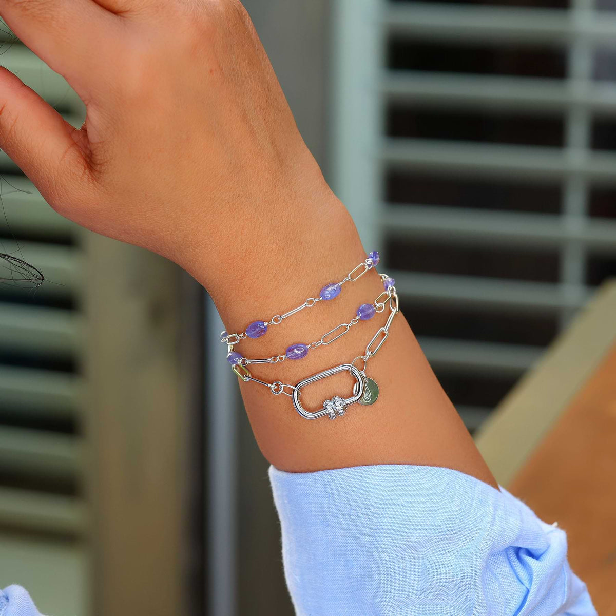 Stacking Example Locked and Loved - Mixed Metal Chain Link Carabiner Bracelet life style image | Breathe Autumn Rain Artisan Jewelry