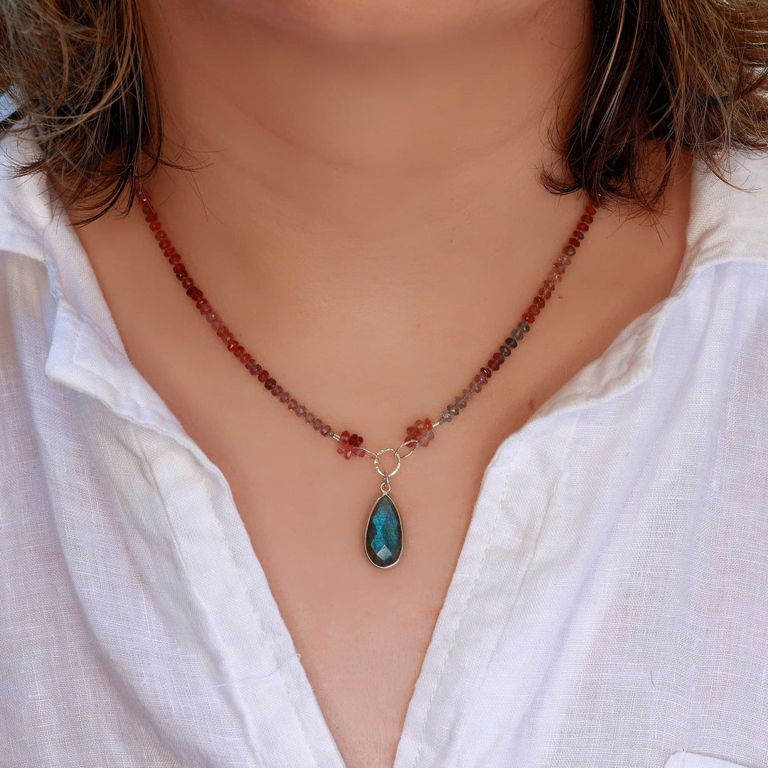 Summer Skies - Pink Spinel and Labradorite Necklace life style image | Breathe Autumn Rain Artisan Jewelry