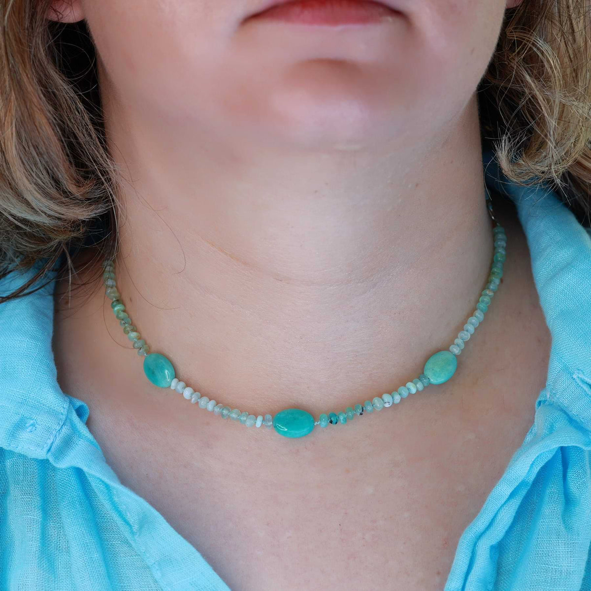 Sunny Day - Amazonite and Peruvian Opal Silk Knotted Necklace life style image | Breathe Autumn Rain Artisan Jewelry