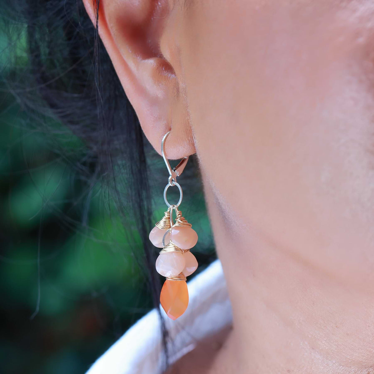 Sunset Beach - Peach Moonstones and Carnelian Gold Cluster Earrings life style image | Breathe Autumn Rain Artisan Jewelry