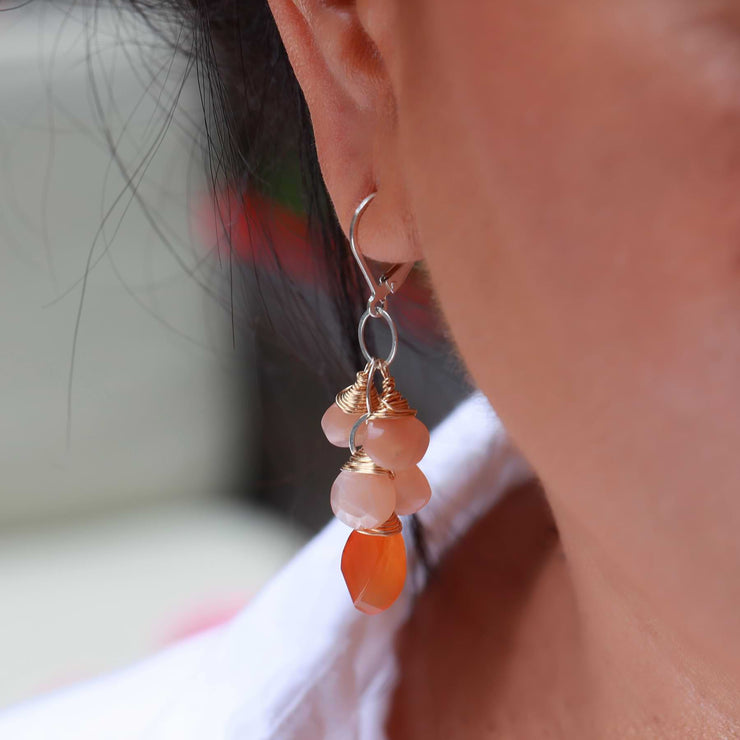 Sunset Beach - Peach Moonstones and Carnelian Gold Cluster Earrings life style image | Breathe Autumn Rain Artisan Jewelry