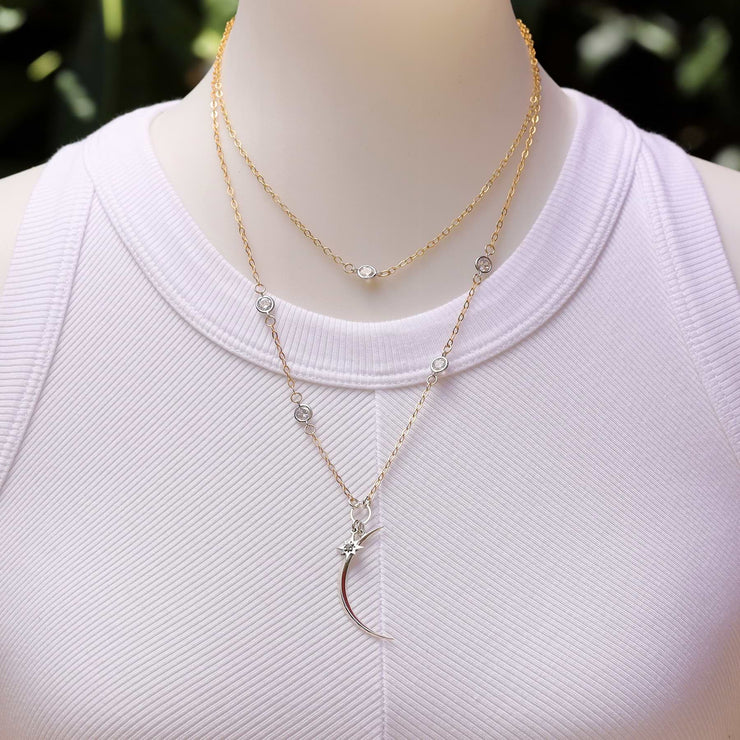 Super Star - Double Layered Crystal Quartz Mixed Metal Necklace life style image | Breathe Autumn Rain Artisan Jewelry