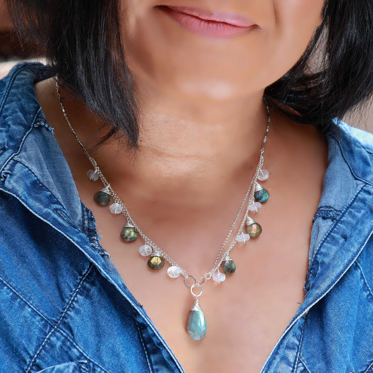 Telluride - Labradorite and Moonstone Sterling Silver Necklace life style image | Breathe Autumn Rain Artisan Jewelry