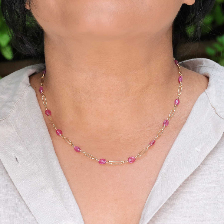 Think Pink - Pink Sapphire Gold Necklace life style image | Breathe Autumn Rain Artisan Jewelry