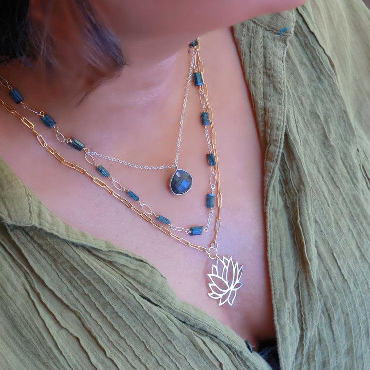 Thoughtfulness - Kyanite Labradorite and Lotus Triple Strand Necklace life style image | Breathe Autumn Rain Artisan Jewelry