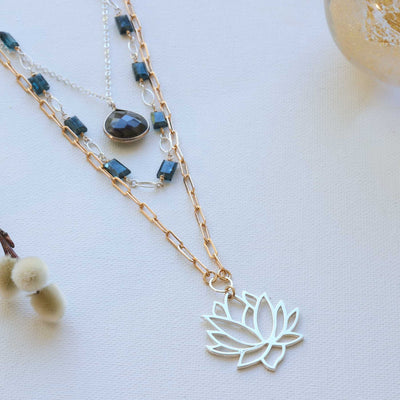 Thoughtfulness - Kyanite Labradorite and Lotus Triple Strand Necklace main image | Breathe Autumn Rain Artisan Jewelry