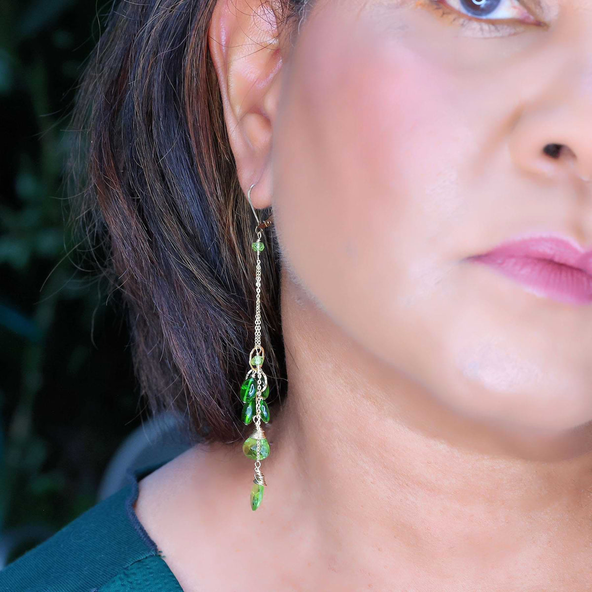 Tropical Jungle - Chrome Diopside and Peridot Gold Drop Earrings life style image | Breathe Autumn Rain Artisan Jewelry