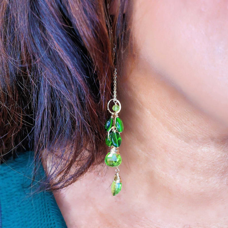 Tropical Jungle - Chrome Diopside and Peridot Gold Drop Earrings life style image | Breathe Autumn Rain Artisan Jewelry