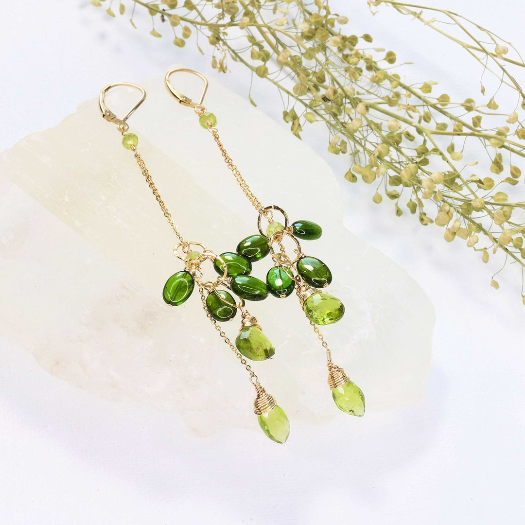 Tropical Jungle - Chrome Diopside and Peridot Gold Drop Earrings alt image | Breathe Autumn Rain Artisan Jewelry