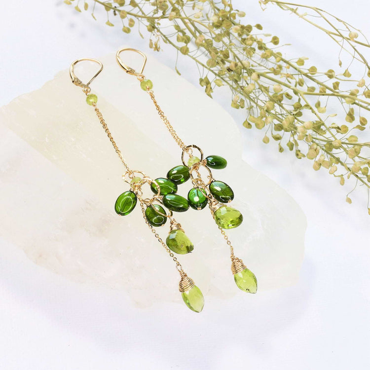 Tropical Jungle - Chrome Diopside and Peridot Gold Drop Earrings alt image | Breathe Autumn Rain Artisan Jewelry