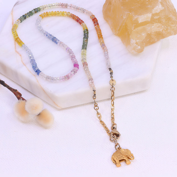 Ubud - Delicate Multi Color Sapphire Gold Elephant Necklace main image | Breathe Autumn Rain Artisan Jewelry