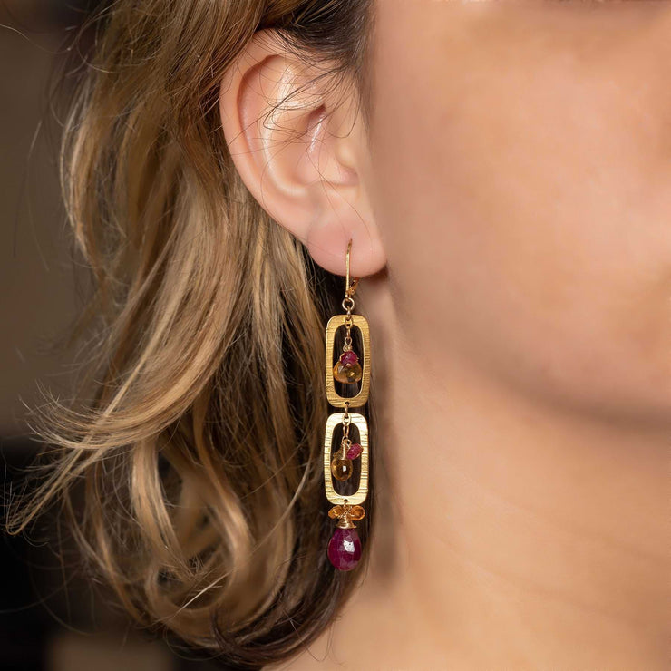 Vermont - Ruby Citrine and Sapphire Gold Drop Earrings life style image | Breathe Autumn Rain Artisan Jewelry