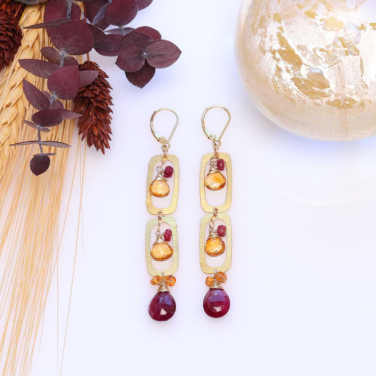 Vermont - Ruby Citrine and Sapphire Gold Drop Earrings main image | Breathe Autumn Rain Artisan Jewelry