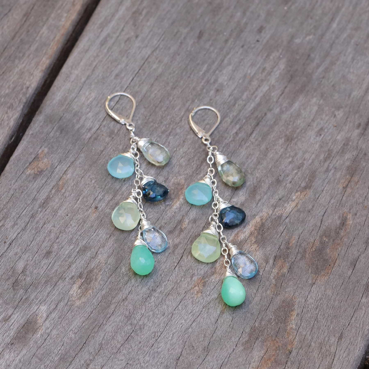 Walden Pond - Amethyst, Chalcedony, Blue Topaz, and Chrysoprase Sterling Silver Earrings - alt image | Breathe Autumn Rain Artisan Jewelry