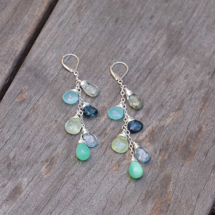 Walden Pond - Amethyst, Chalcedony, Blue Topaz, and Chrysoprase Sterling Silver Earrings - alt image | Breathe Autumn Rain Artisan Jewelry