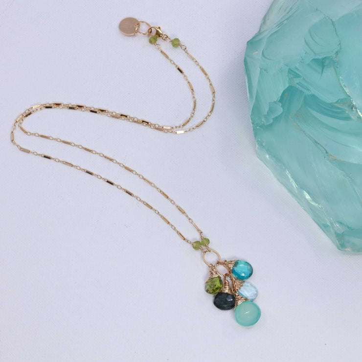 Water Water Everywhere - Multi Gemstone Cluster Pendant Gold Necklace main image | Breathe Autumn Rain Artisan Jewelry