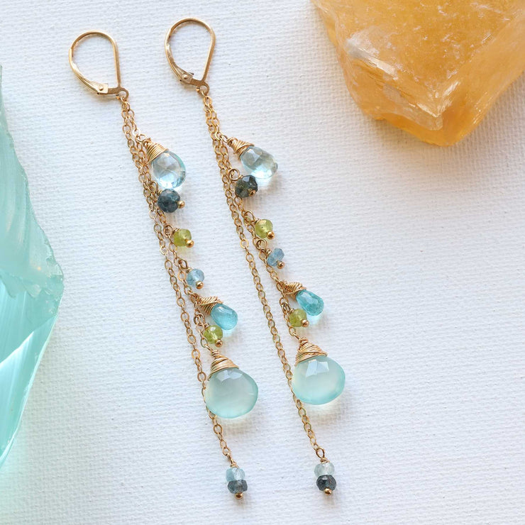 Water Water Everywhere -  Multi Gemstone Gold Cascade Drop Earrings alt image | Breathe Autumn Rain Artisan Jewelry