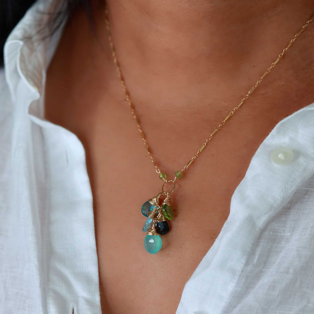Water Water Everywhere - Multi Gemstone Cluster Pendant Gold Necklace life style alt image | Breathe Autumn Rain Artisan Jewelry