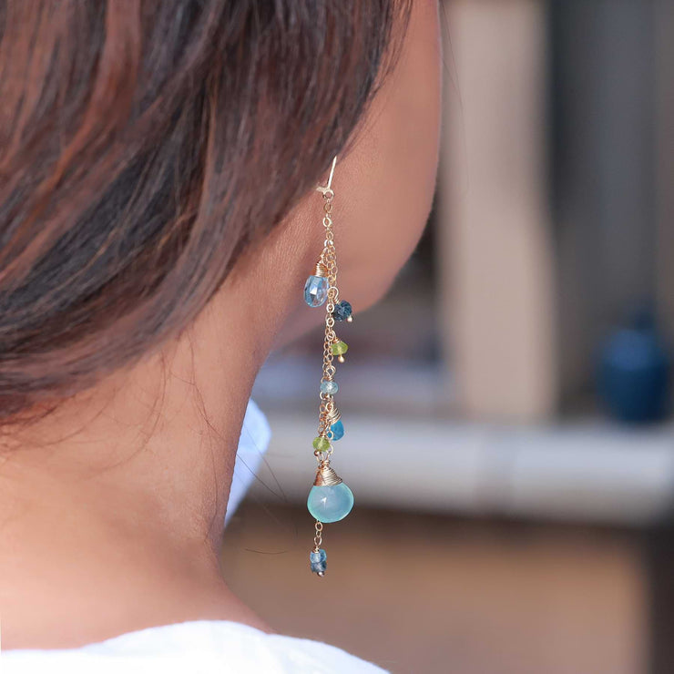 Water Water Everywhere -  Multi Gemstone Gold Cascade Drop Earrings life style image | Breathe Autumn Rain Artisan Jewelry