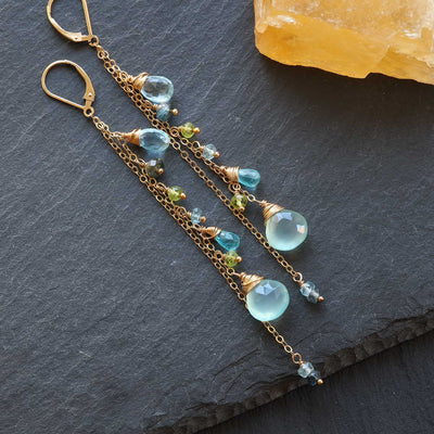 Water Water Everywhere -  Multi Gemstone Gold Cascade Drop Earrings main image | Breathe Autumn Rain Artisan Jewelry