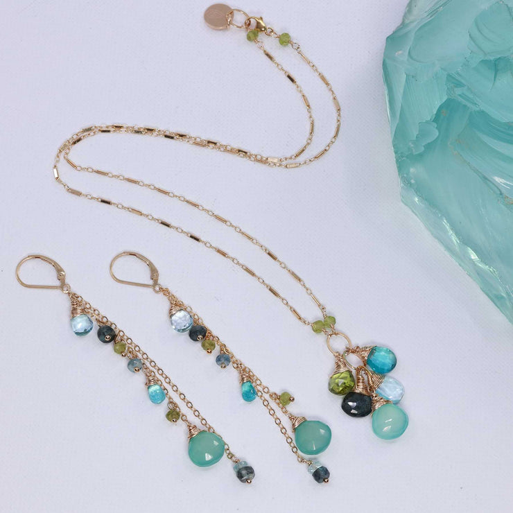 Water Water Everywhere -  Multi Gemstone Gold Earrings and Necklace main image | Breathe Autumn Rain Artisan Jewelry