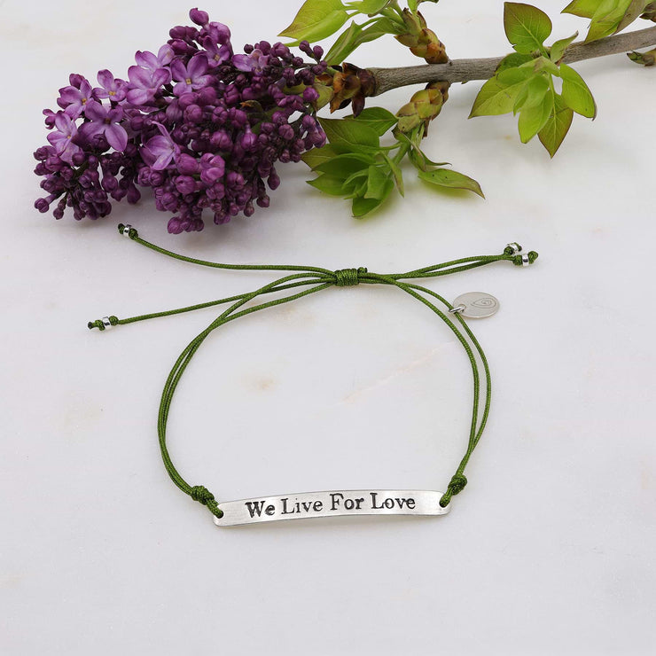 We Live for Love - Silver Charm Cord Bracelet alt image | Breathe Autumn Rain Artisan Jewelry