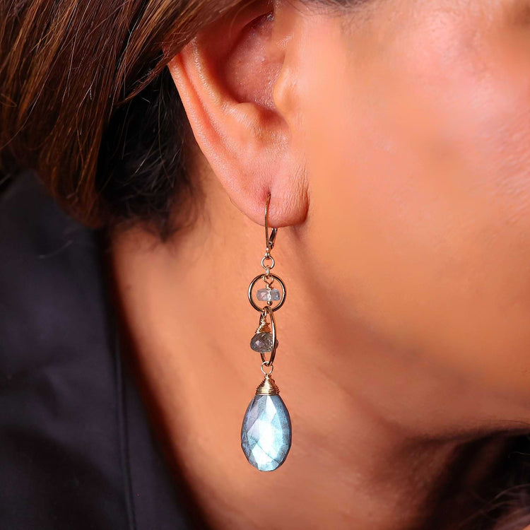 Winter Trails - Labradorite and Moss Aquamarine Gold Drop Earrings life style image | Breathe Autumn Rain Artisan Jewelry