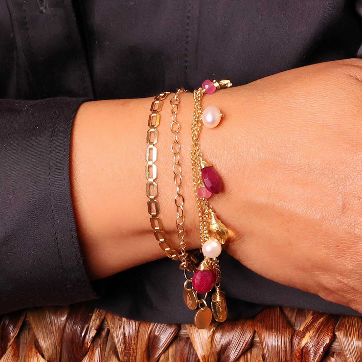 Winter Wonderland - Ruby, Citrine, Pearls and Pink Sapphire Gold Charm Bracelet life style stacking image | Breathe Autumn Rain Artisan Jewelry
