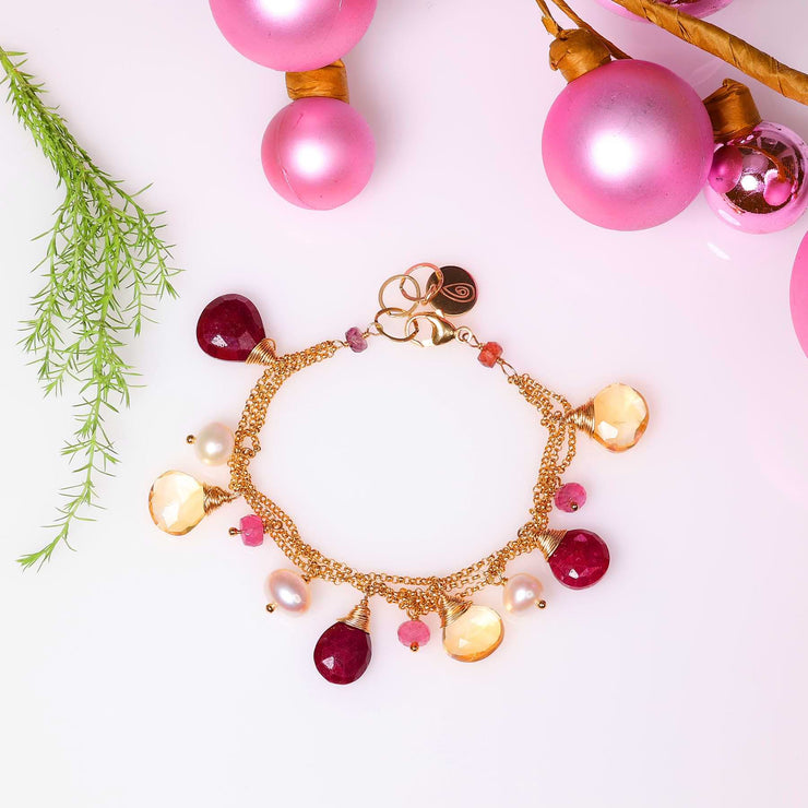 Winter Wonderland - Ruby, Citrine, Pearls and Pink Sapphire Gold Charm Bracelet main image | Breathe Autumn Rain Artisan Jewelry