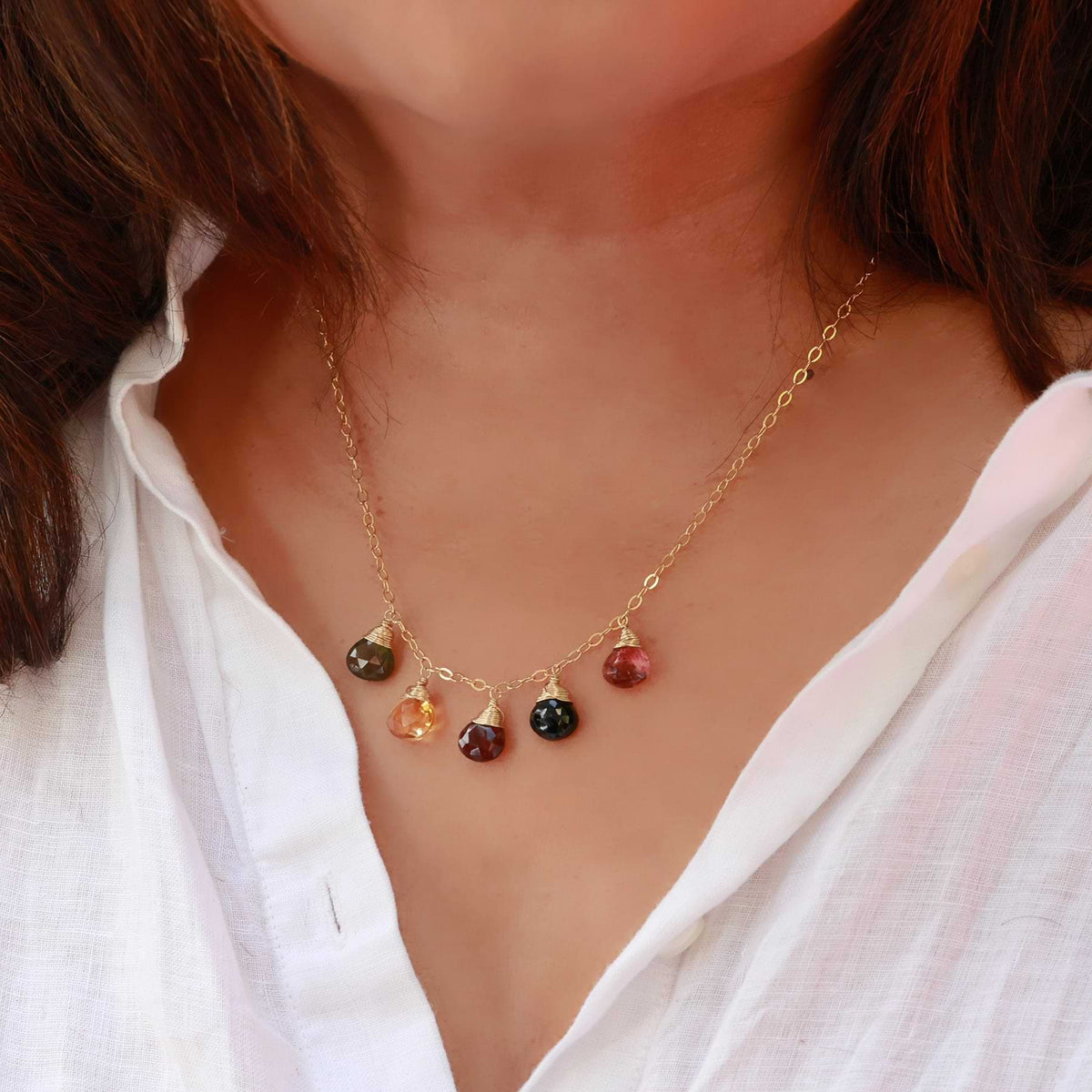 Wrapped in Tourmaline - Multi Teardrop Tourmaline Gold Necklace life style alt image | Breathe Autumn Rain Artisan Jewelry
