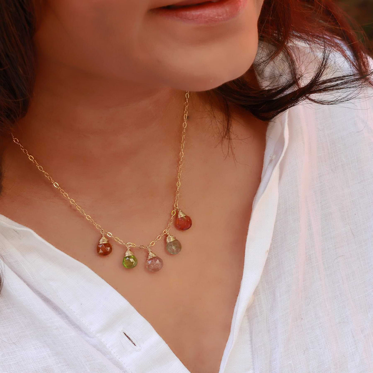 Wrapped in Tourmaline - Multi Teardrop Tourmaline Gold Necklace life style main image | Breathe Autumn Rain Artisan Jewelry
