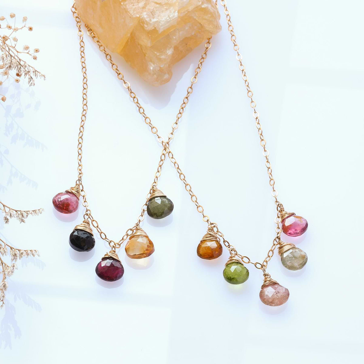 Wrapped in Tourmaline - Multi Teardrop Tourmaline Gold Necklace alt image | Breathe Autumn Rain Artisan Jewelry