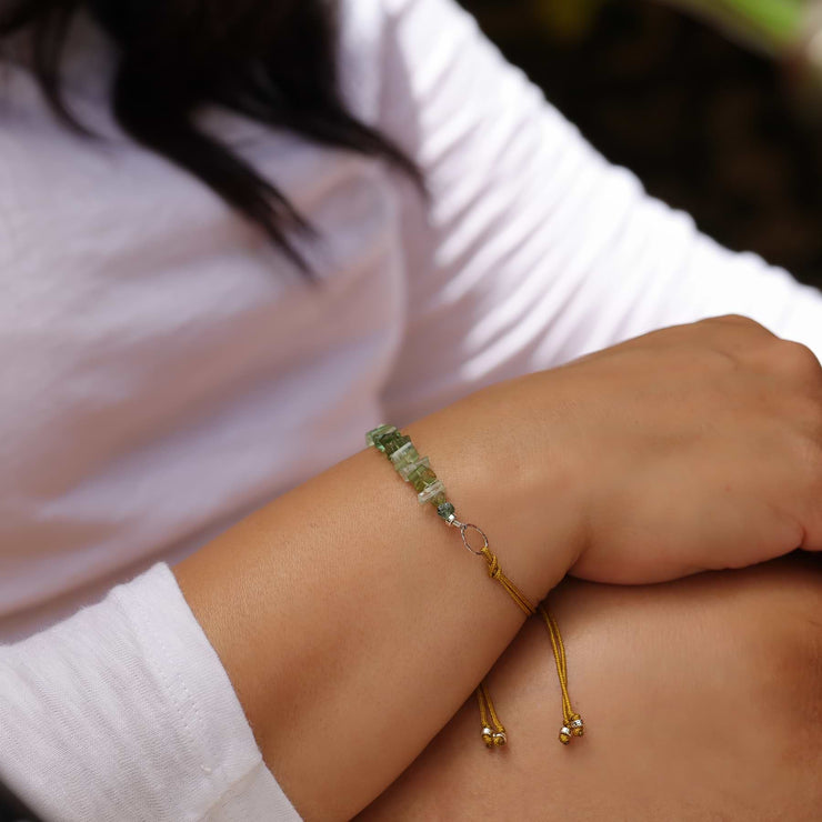 Yosemite - Rare Green Tourmaline Cord Bracelet life style image | Breathe Autumn Rain Artisan Jewelry