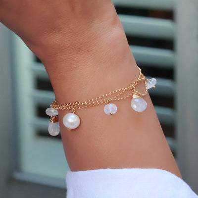 Zurich - Moonstone & Pearl Gold Charm Bracelet life style image | Breathe Autumn Rain Artisan Jewelry
