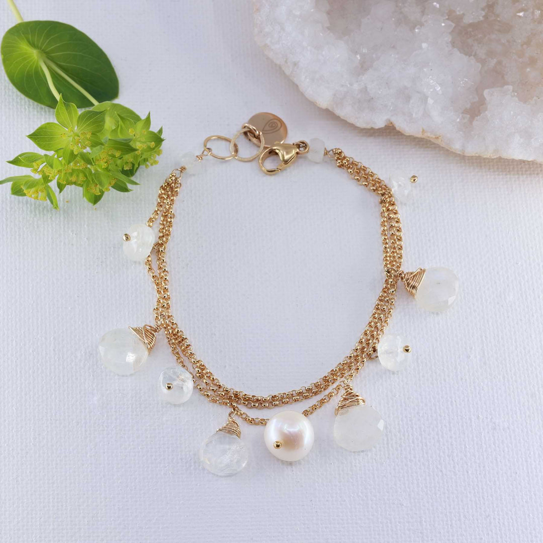 Zurich - Moonstone &amp; Pearl Gold Charm Bracelet main image | Breathe Autumn Rain Artisan Jewelry